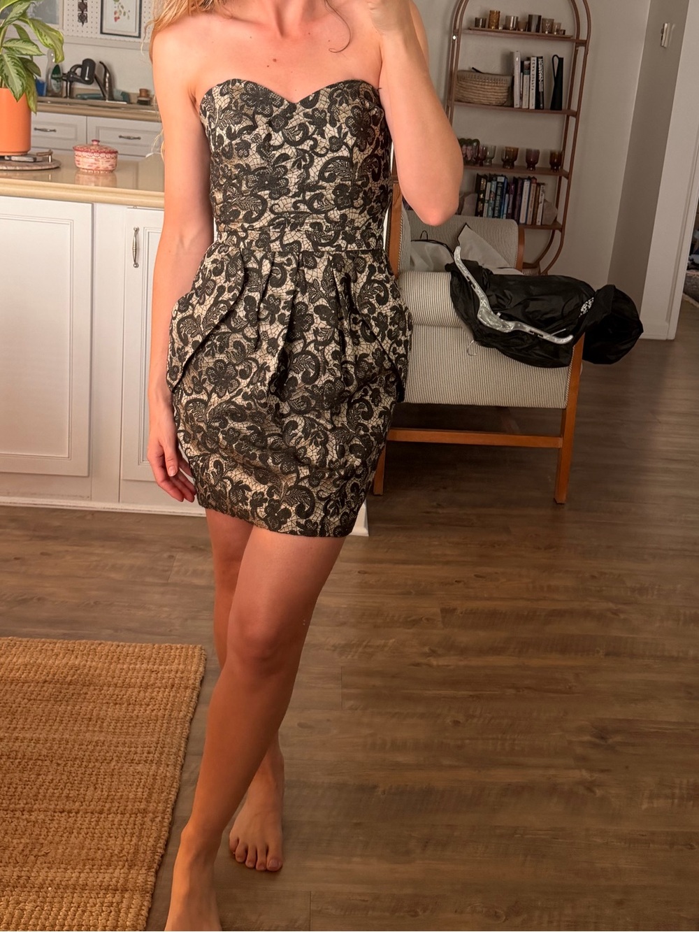 ABS by Allen Schwartz black and gold lace strapless mini dress